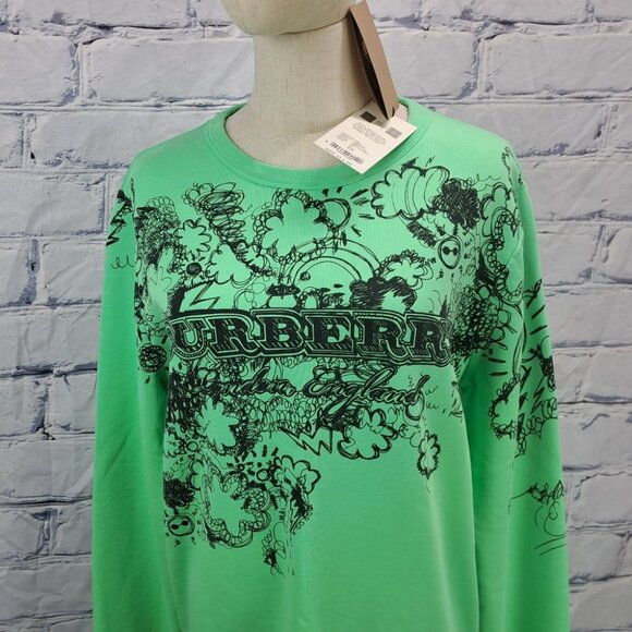 NWT Burberry Women's Madon Sweater Bright Apple Green Doodle Art Print size XS - Picture 1 of 15